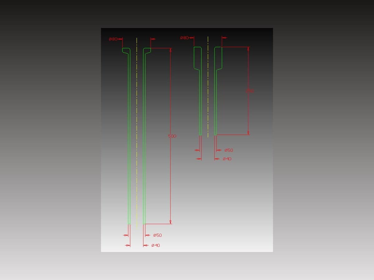 Impact ekstrüzyon teknik çizimi — Ø40/Ø50, 250–500 mm
